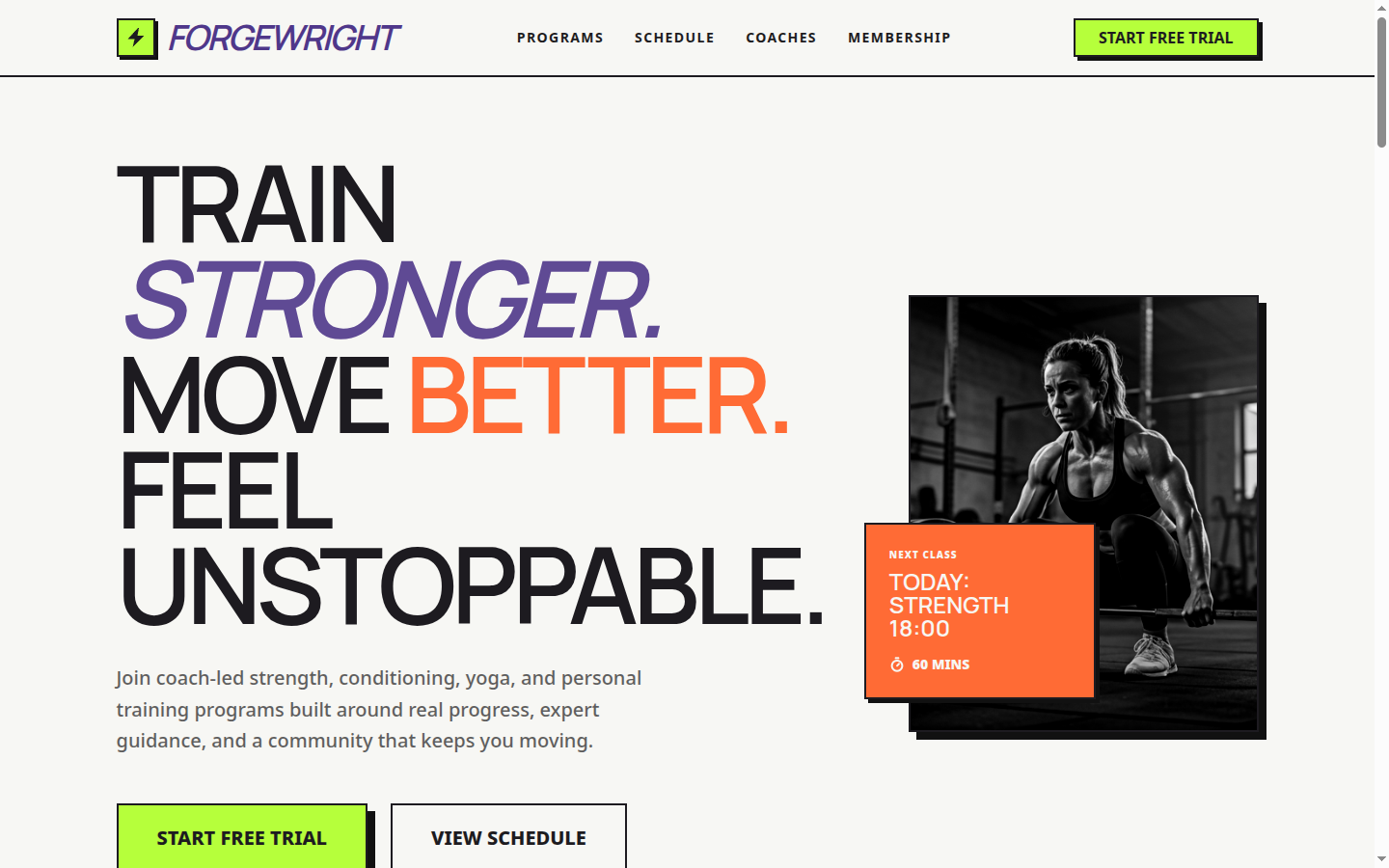 Concept design for a coach-led strength gym — neon-on-black brutalism, class schedule that does not lie, and a membership grid that earns its prices.