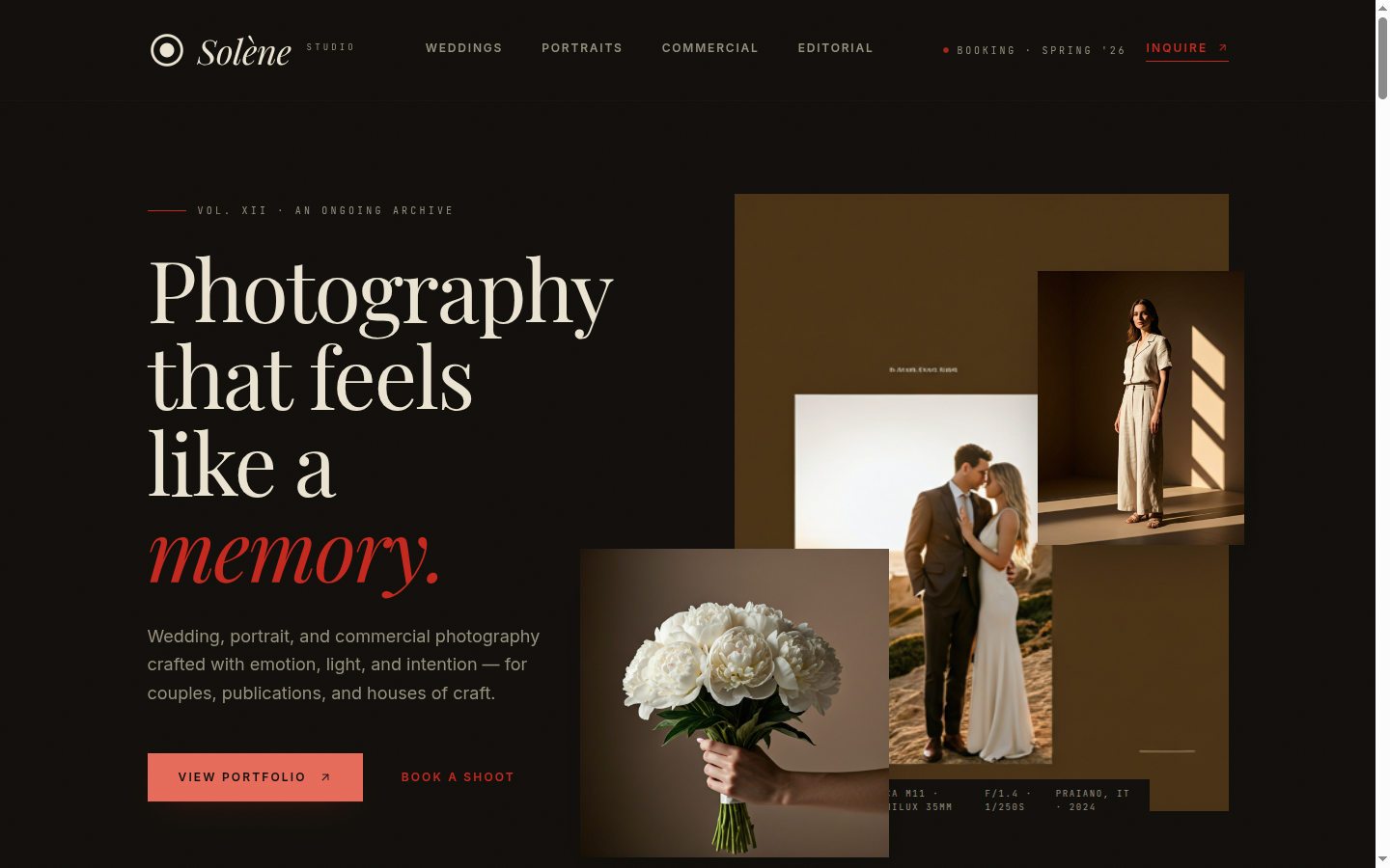 Concept design for an editorial wedding and portrait photographer — overlapping image grid, serif italic voice, and a portfolio that loads as fast as it feels.