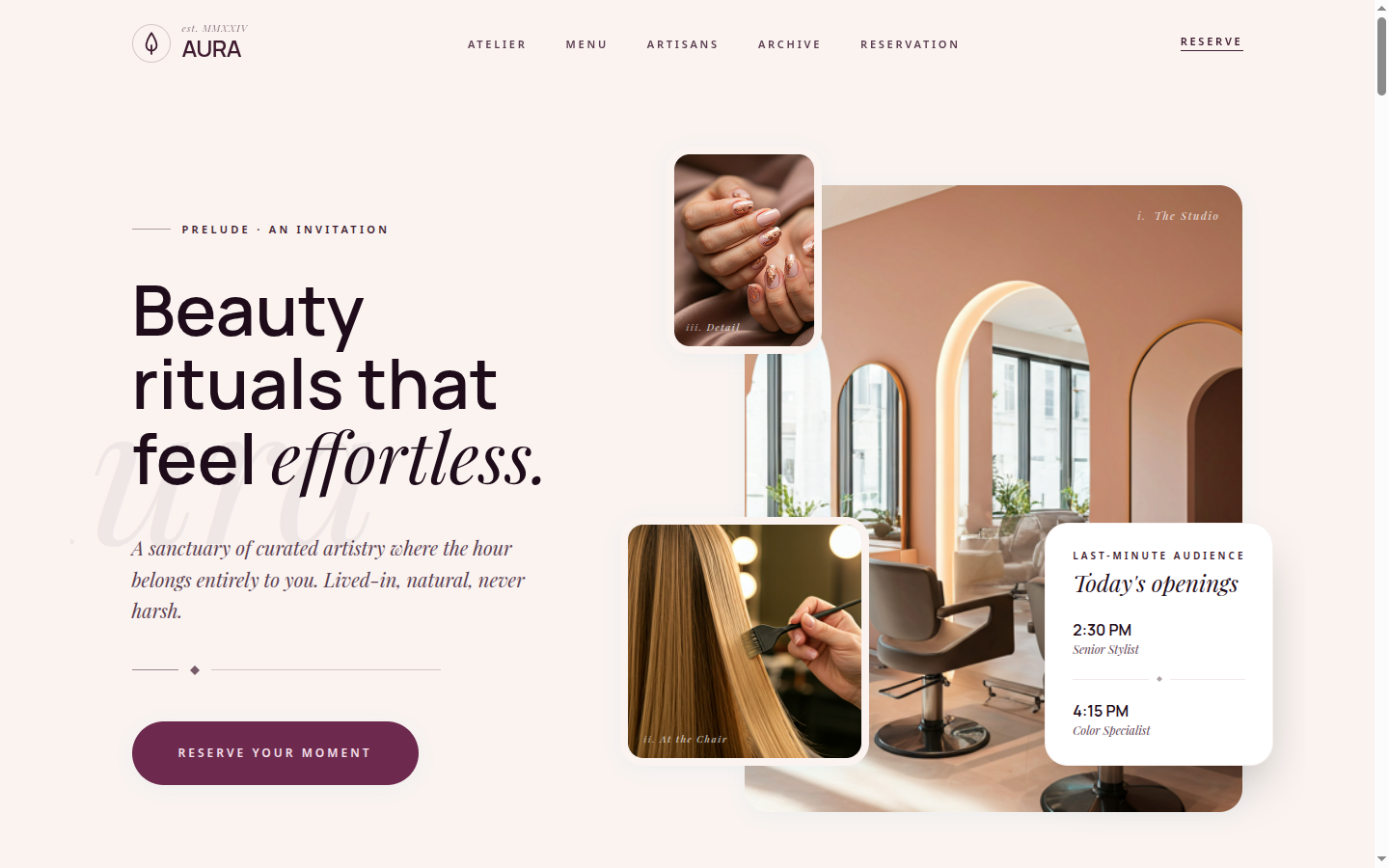 Concept design for a boutique salon — last-minute luxury card, stylist portfolios with real before/after stacks, and a booking flow that respects how people actually choose a salon.