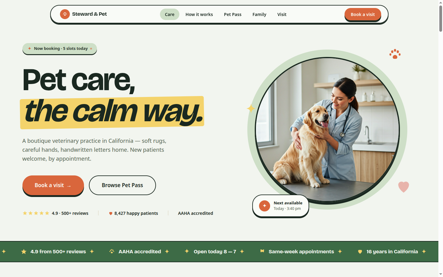 Concept design for a modern veterinary clinic — gradient-text hero, glass-card status indicator, and a calm Emergency band that gives anxious owners a number, not a form.
